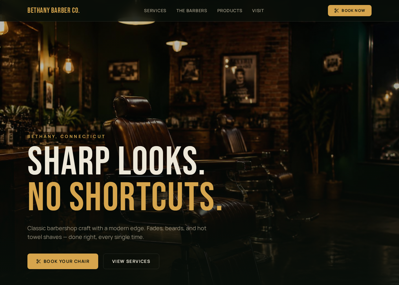 Homepage of Bethany Barber Co., a barbershop with a warm cream and copper palette